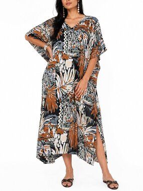Tropical Leaf Printed Polyester Caftan Dress Plus Size Cover Up Beach Maxi Dress
